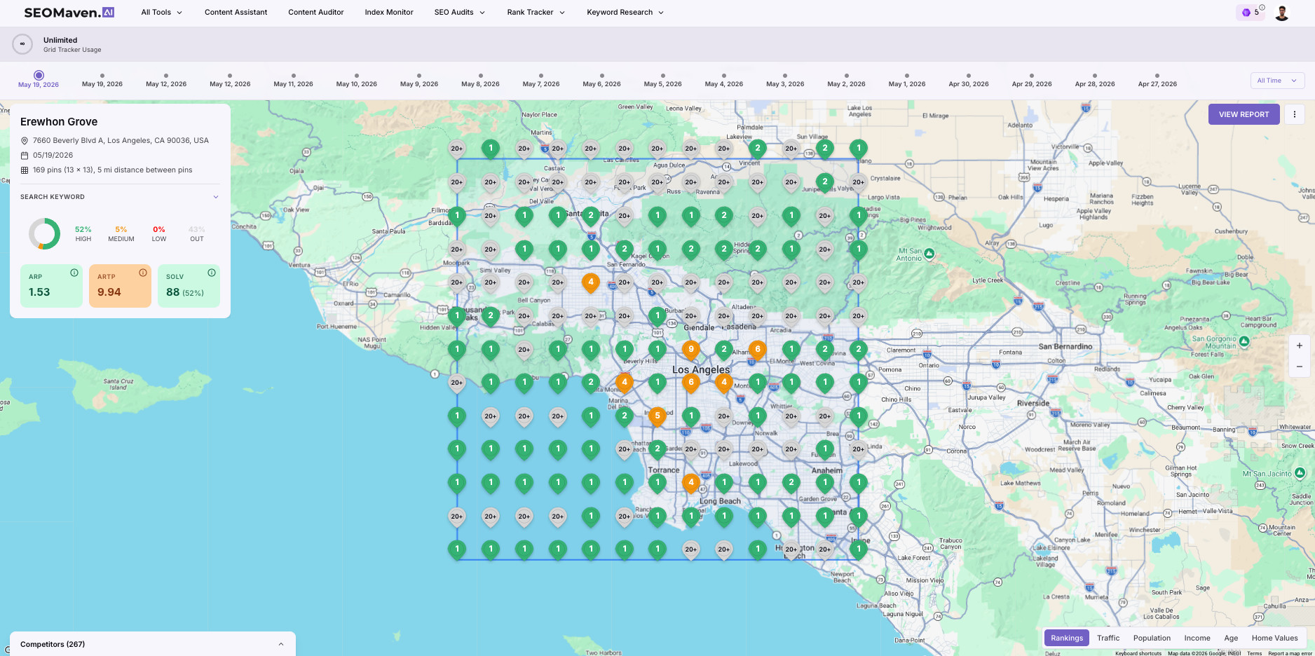 GeoGrid 13×13 scan of Erewhon Grove in Los Angeles — 169 pins, real Google Maps rankings.